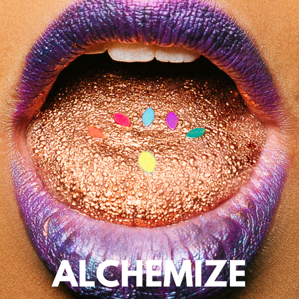 Vibrant colorful lips slightly parted, symbolizing the flow of energy, desire, and sacred alchemy in conscious manifestation.